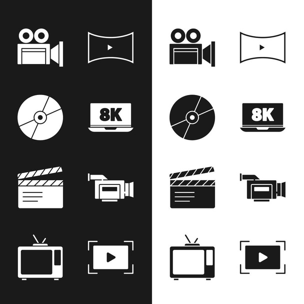 Set Laptop with 8k, CD or DVD disk, Cinema camera, Online play video, Movie clapper, and Retro tv icon. Vector - Vector, Image