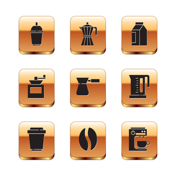 コーヒーカップを移動するには、豆、ターク、手動コーヒーグラインダー、バッグ、マシン、モカポットアイコンを設定します。ベクトル - ベクター画像