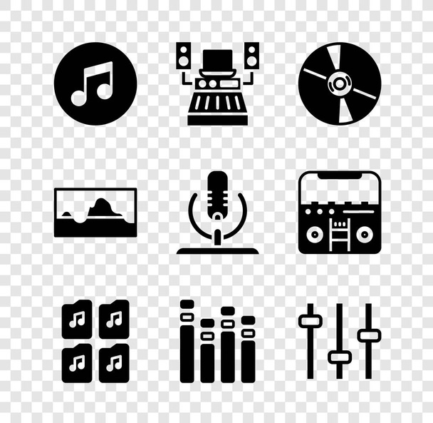 Set Music note, tone, recording studio, CD DVD disk, file document, equalizer, wave and Microphone icon. Vector - Vector, Image