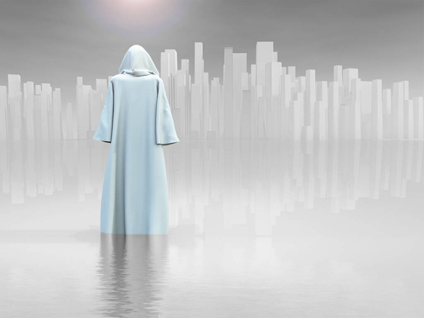 Robed Traveler before the pure city - Foto, imagen