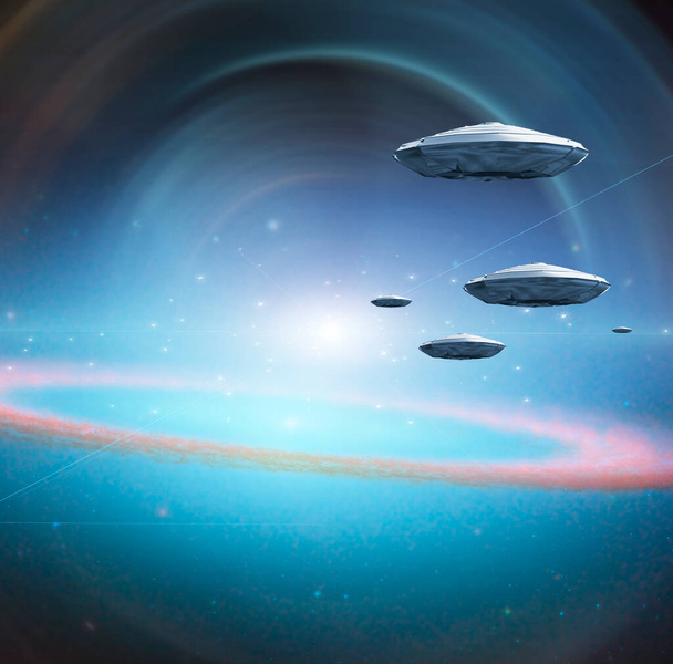 Flying saucers in tunnel of light - Фото, зображення