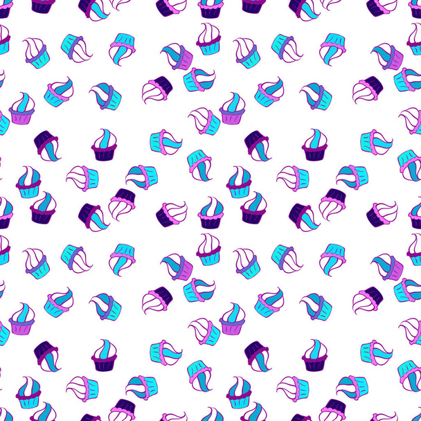 Can use for birthday card, the children menu, packaging, textiles, fabrics, sketch. Vector design. Isolated in purple, blue and white colors. Seamless pattern with sweets - ice cream, cupcakes. - Vector, Image