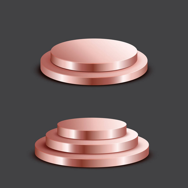 Pedestal redondo de oro rosa vacío aislado sobre fondo gris. Podio vectorial para demostración de productos. - Vector, Imagen