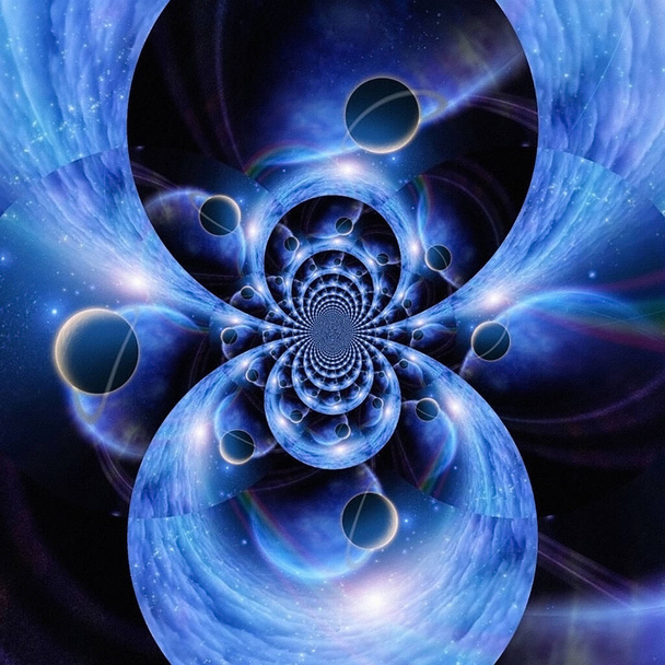 Planetarium. Planets in blue space. Geometric fractal. 3D rendering - Photo, image