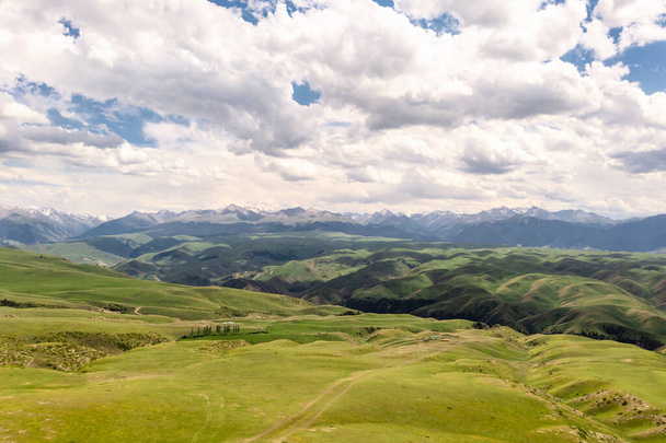 山の峰や草原白い雲の下にあります。中国の新疆で撮影. - 写真・画像