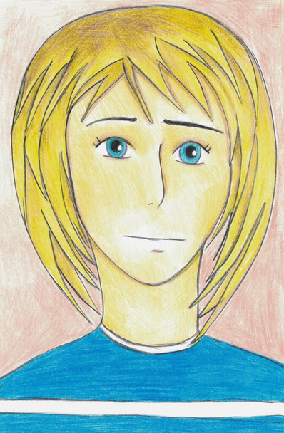 白いストライプのフルフェイスの明るい青のTシャツに肩丈のブロンドの髪の若い男 - 写真・画像