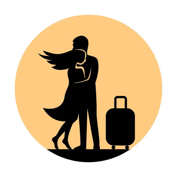 Silueta zamilovaného páru v objetí. Mladý muž s kufrem a dívka se objímají. Návrat nebo koncept sbohem. Vektorová ilustrace - Vektor, obrázek