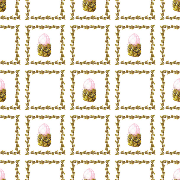 Watercolor seamless pattern of Easter symbols in a frame of wheat ears. - Фото, зображення