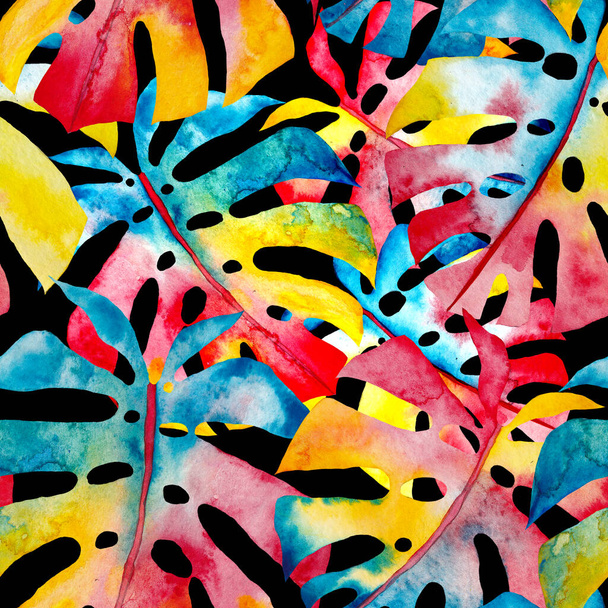Υδατογραφία αδιάλειπτη μοτίβο με πολύχρωμα αφηρημένα τροπικά φύλλα. Λαμπερό καλοκαιρινό σχέδιο με εξωτικά φυτά. Δημιουργικός μοντέρνος βοτανικός σχεδιασμός υφασμάτων. - Φωτογραφία, εικόνα