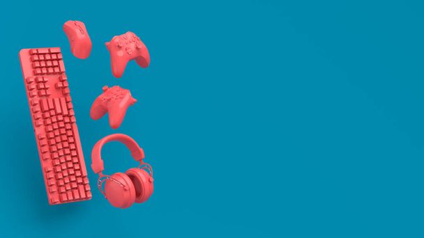 Flying monochrome gamer gears like mouse, headphones, keyboard and joystick on blue and pink background. 3d rendering of accessories for live streaming concept top view - Фото, зображення