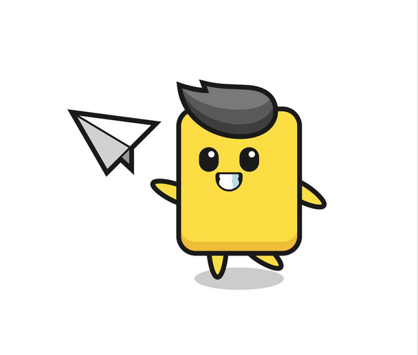 yellow card cartoon character throwing paper airplane , cute style design for t shirt, sticker, logo element - Vecteur, image