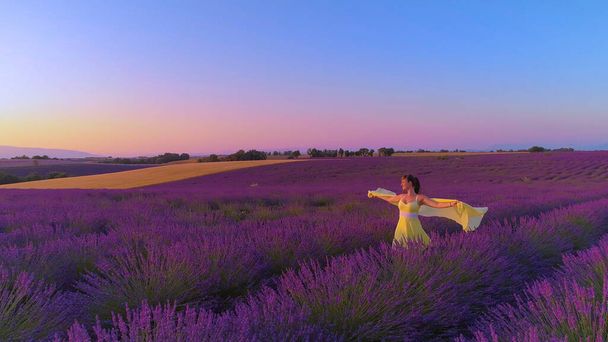 AERIAL: Zorgeloze vrouw strekt haar armen uit tijdens het wandelen in velden van lavendel - Foto, afbeelding