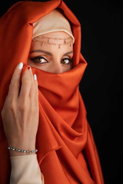 Close Up Portrait Of Beauty Young Muslim Woman In Hijab Looking At Camera. - Fotografie, Obrázek