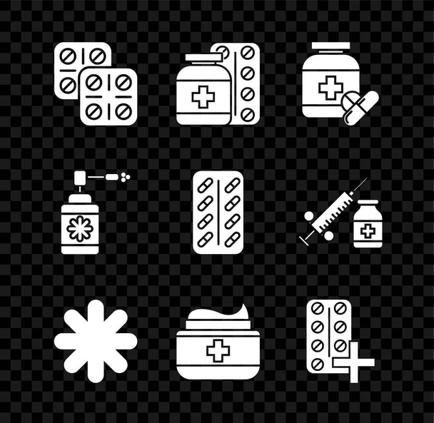 Встановіть таблетки в блістерній упаковці, пляшку ліків та таблетки, хрестоподібну лікарню, медицину для мазейних вершків, медичну з сопловим розпилювачем та іконою. Векторні
 - Вектор, зображення