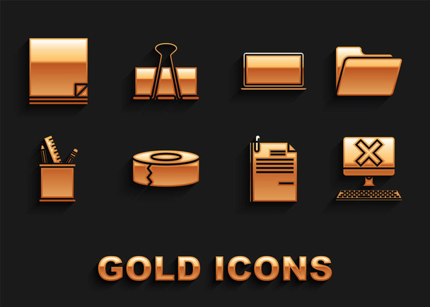 Set Scotch, Document folder, Computer with keyboard and x mark, File document paper clip, Pencil case stationery, Laptop, and Binder icon. Vector - Vektor, obrázek