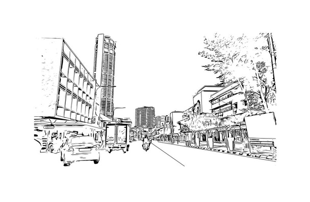 Вид Print Building з орієнтиром Джорджа Тауна - місто в Малайзії. Намальована вручну ілюстрація у векторі. - Вектор, зображення