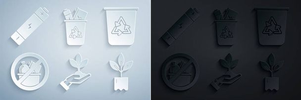 Set Planta en mano de protección del medio ambiente, Papelera de reciclaje con símbolo de reciclaje, Sin basura, botella, y el icono de la batería. Vector - Vector, Imagen