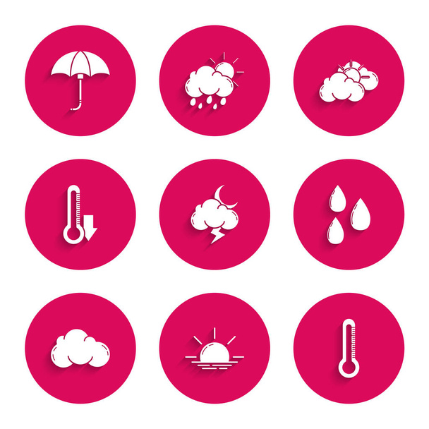Set Tempesta, alba, termometro, goccia d'acqua, nuvola, e il tempo nuvola e classico elegante icona ombrello aperto. Vettore - Vettoriali, immagini
