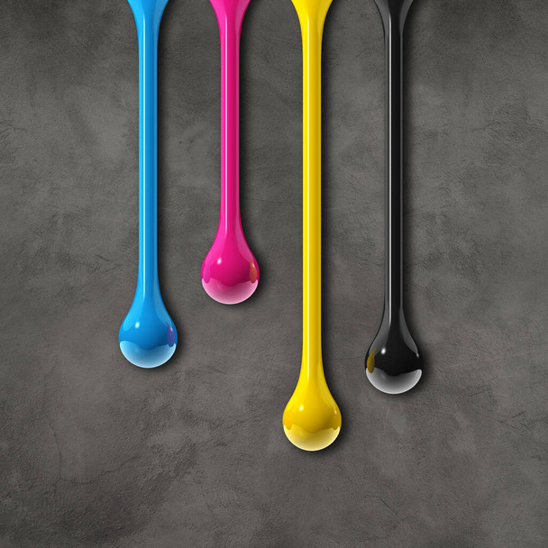 3D cmyk ink drops isolated on dark concrete background. square wallpaper. Illustration - Фото, изображение