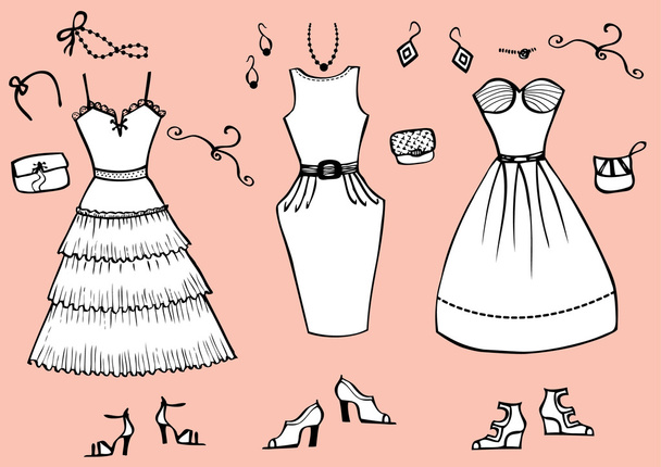 Fashion dresses and accessories for woman.Vector graphic clothes - Vektör, Görsel