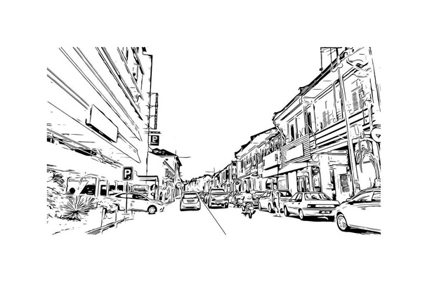 Afdrukken Gebouw uitzicht met bezienswaardigheid van George Town is de stad in Maleisië. Handgetekende schets illustratie in vector. - Vector, afbeelding
