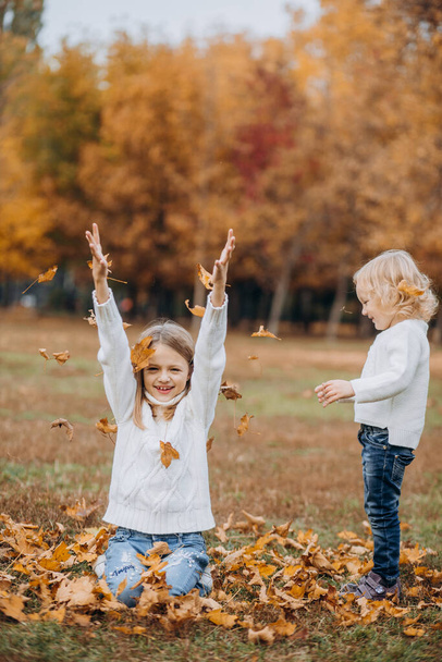 happy children play in autumn park throw up fallen leave - Zdjęcie, obraz