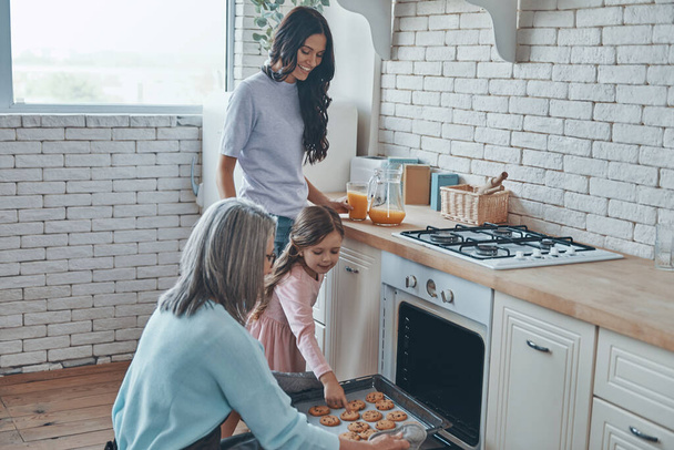Beautiful grandmother taking out cookies from the oven and smiling while spending time with family - 写真・画像