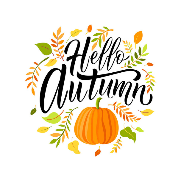 Hallo Herbst ist ein schöner Slogan-Vektor mit farbigen Blättern und Kürbis - Vektor, Bild