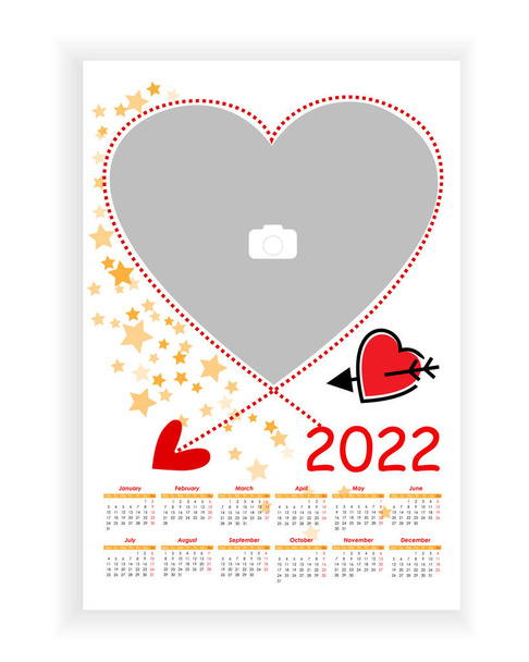 Wall Photo Calendar 2022. Beautiful, vertical photo calendar template with heart. Calendar design 2022 year in English. Week starts from Monday. Vector illustration - Vector, Image