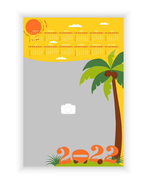 Wall Photo Calendar 2022. Simple, colorful, baby, summer holiday vertical photo calendar template with palm tree. Calendar design 2022 year in English. Week starts from Sunday. Vector illustration - Vector, Image