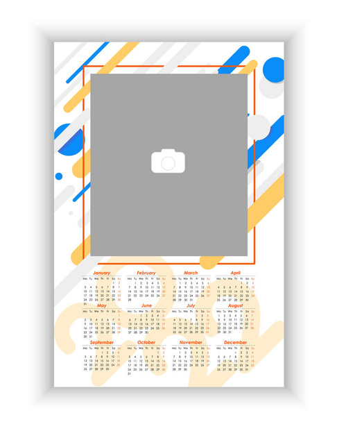Muro Calendario fotografico mensile 2022. Modello di calendario fotografico verticale per bambini semplice, colorato. Progettazione calendario 2022 anno in inglese. La settimana inizia da lunedì. Illustrazione vettoriale - Vettoriali, immagini