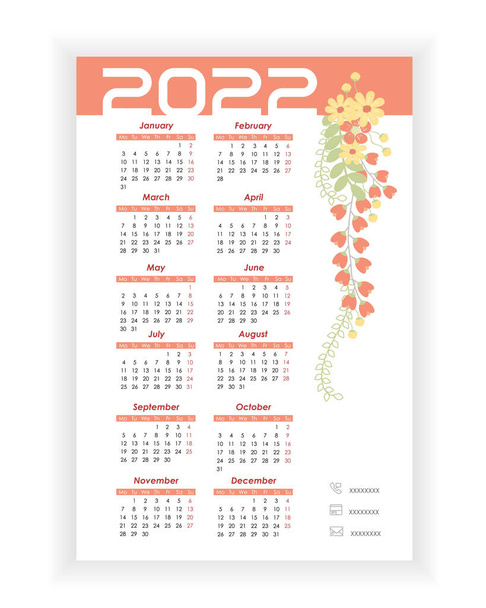 Календар Волла 2022. Прекрасний, елегантний, квітковий вертикальний фотокалендар. Календарний дизайн 2022 року англійською мовою. Тиждень починається з понеділка. Приклад вектора - Вектор, зображення