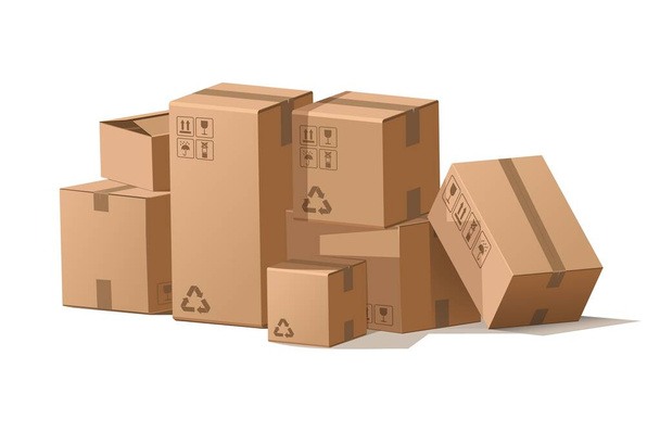 段ボール箱が積もっています。保管と出荷のための配達パッケージの漫画の山。倉庫の貨物だ。リサイクルの兆候と隔離された正方形の容器。ベクトルポストメールイラスト - ベクター画像