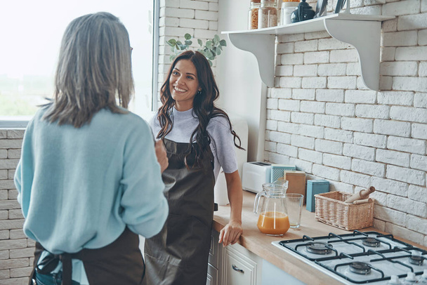 Beautiful young woman and her mother communicating while spending time at the domestic kitchen - 写真・画像