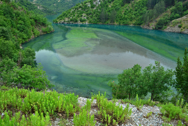 Lago Koman con acqua colorata verde e turchese circondata da una lussureggiante vagetazione - Foto, immagini