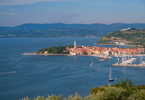 AERIAL: Voando para longe do porto de uma cidade histórica no mar Adriático. - Foto, Imagem