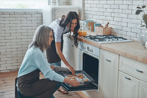 Beautiful young woman and her mother cooking together while spending time at the domestic kitchen - 写真・画像
