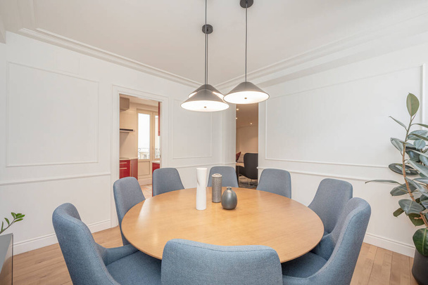 Στρογγυλό τραπέζι που περιβάλλεται από άνετες μπλε καρέκλες διακοσμημένες με βάζα και φυτά σε ένα διαμέρισμα αφιερωμένο στην ενοικίαση διακοπών - Φωτογραφία, εικόνα