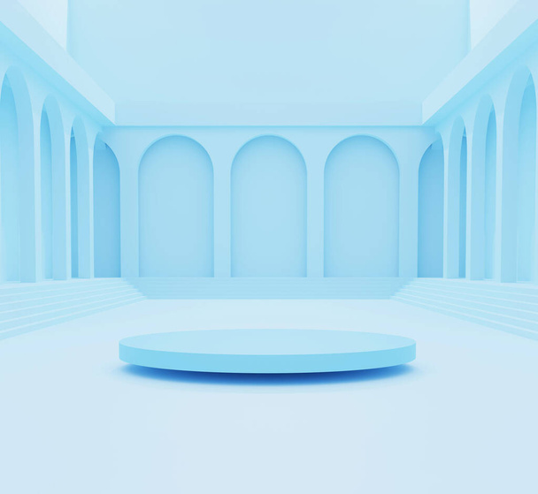 3d rendering blue podium in blue hall room with arched doors around. - Zdjęcie, obraz