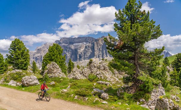 Selva Wolkenstein, Val Gardena, Güney Tirol ve Trentino, İtalya 'da Sassolungo Zirvesi' nin altında bisiklet süren oldukça aktif bir son sınıf öğrencisi. - Fotoğraf, Görsel