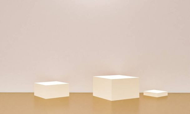 Szene mit beigefarbenem Podium für Mock-up-Präsentation im Minimalismus-Stil mit Kopierraum, 3D-Rendering abstrakte Hintergrundgestaltung - Foto, Bild