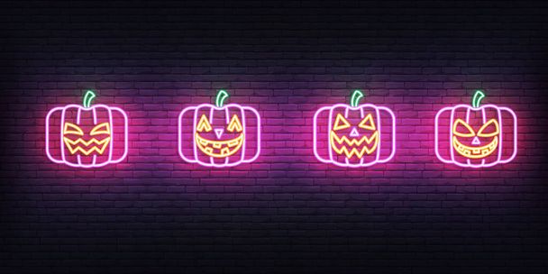Halloween pompoen neon pictogrammen. Set van heldere Jack O Lantaarn voor Halloween viering - Vector, afbeelding