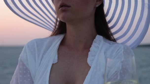 Mulher elegante com copo de vinho descansando na praia ao pôr do sol - Filmagem, Vídeo