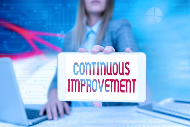 Text caption presenting Continuous Improvement. Conceptual photo making small consistent improvements over time Business Woman Sitting In Office Holding Mobile Displaying Futuristic Ideas. - 写真・画像