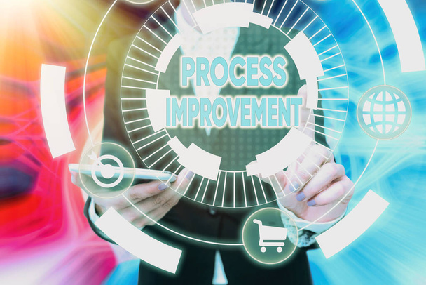 Text showing inspiration Process Improvement. Business concept task of identifying upon existing business courses Lady In Uniform Holding Phone Pressing Virtual Button Futuristic Technology. - Photo, Image