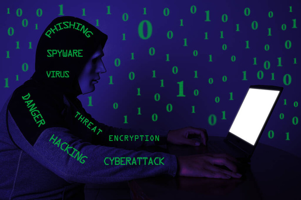 Hacking, hackers e problema de ameaça de segurança cibernética. - Foto, Imagem