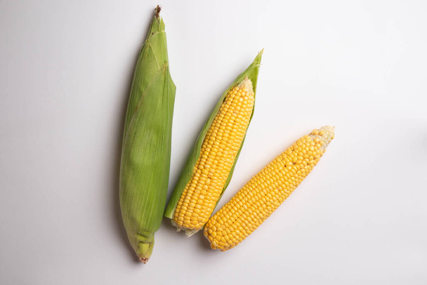 Fresh corn cobs on flat white background. High quality photo - Foto, afbeelding