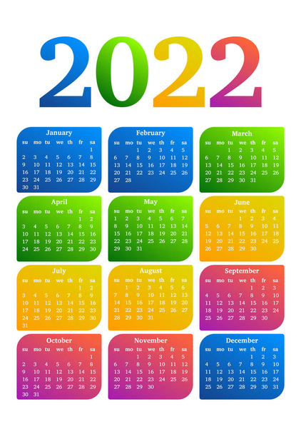 Calendar for 2022 isolated on a white background. Sunday to Monday, business template. Vector illustration - Vector, Image