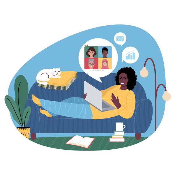 Young african woman working from home. Vector illustration. - Vector, Image