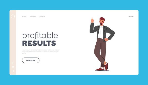 Profitable Results Landing Page Template. Businessman Having Great Insight, Creative Idea. Business Man Task Solution - Vector, Image